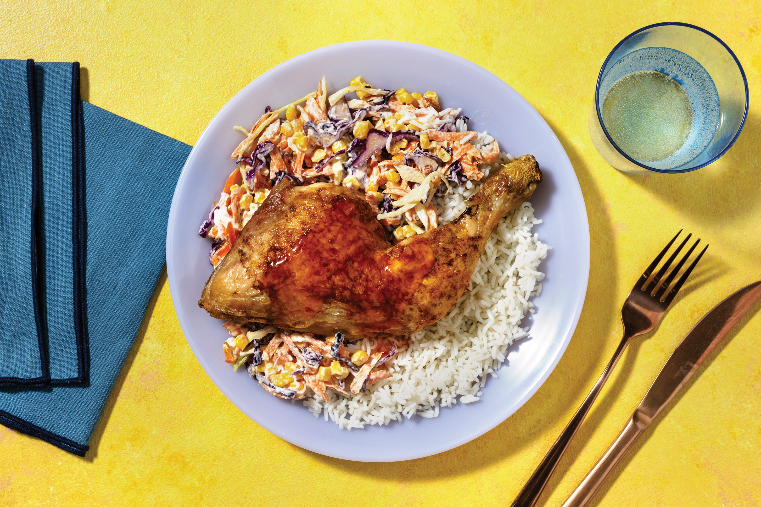 Sweet Chilli Glazed Half Chicken With Butter Rice Asian Corn Slaw