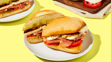 Prosciutto & Mozzarella Sandwiches with Balsamic Drizzle & Tomato