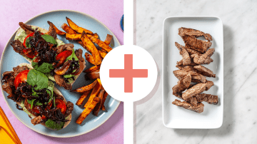 Seared Double Beef & Caramelised Onion Ciabatta with Sweet Potato Fries & Creamy Pesto