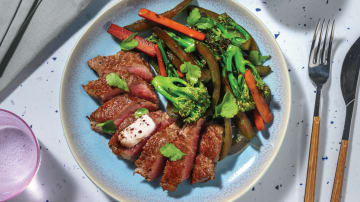 Seared Beef Rump & Chilli Garlic Butter with Ginger-Soy Capsicum & Baby Broccoli Stir-Fry