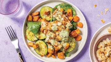 Easy-Prep Mustard Pork & Veggie Salad with Creamy Pesto Dressing & Flaked Almonds