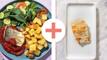 Double Baked Tomato Barramundi & Rich Tomato Sauce with Pre-Cut Fries & Kale-Spinach Salad