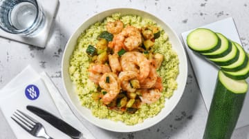 Quick Chermoula Prawns with Zhoug Bulgur and Greek Style Cheese