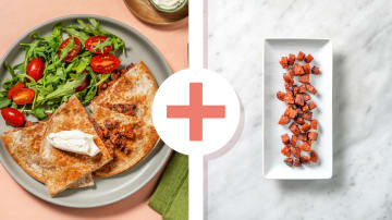 Cheesy Chipotle Bean and Chorizo Quesadillas with Tomato & Rocket Salad and Soured Cream