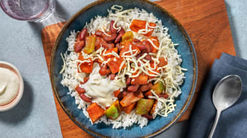 Roasted Sweet Potato and Kidney Bean Chilli with Rice, Soured Cream and Cheese