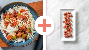 Roasted Sweet Potato, Chorizo and Kidney Bean Chilli with Rice, Soured Cream and Cheese