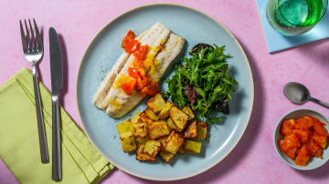 Oven-Baked Basa and Warm Tomato Salsa with Rosemary Potatoes and Pesto Baby Leaf Salad