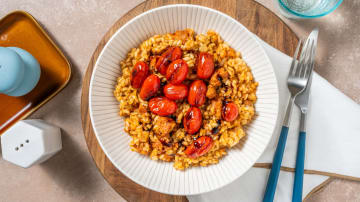 Oven-Baked Chorizo and Tomato Risotto with Hard Italian Cheese and Balsamic Drizzle