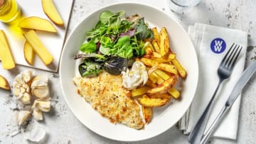 Zesty Breaded Sea Bass and Chips with Garlic Mayo and Baby Leaf Salad