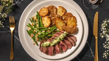 Lamb Steak and Garlic Butter with Crushed Crispy Potatoes, Green Beans and Flaked Almonds