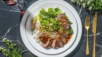 Teriyaki Glazed Rump Steak with Zesty Jasmine Rice, Charred Greens and Peanuts