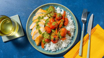 Pesto Chicken Traybake and Garlic Rice with Roasted Pepper and Baby Plum Tomatoes