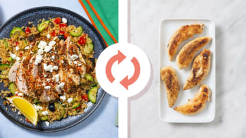 Za'atar Chicken Tenders & Bulgur Bowls with cucumber and chopped olives