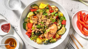 Smart Korean-Inspired Pork Bowls with Sesame-Roasted Veggie Jumble and Gochujang Mayo
