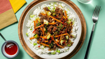 Speedy Sesame-Teriyaki Ground Chicken Bowls with Carrots and Edamame Rice