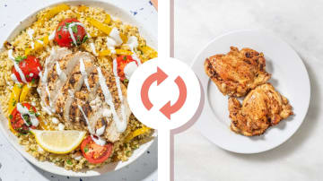 Roasted Shawarma-Spiced Chicken Thighs and Bulgur with Tomato-Herb Salad and Lemon-Garlic Toum