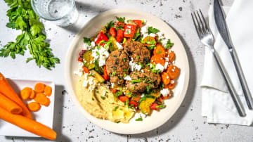 Carb Smart Beef Koftas with Veggie Hash and Garlic Hummus