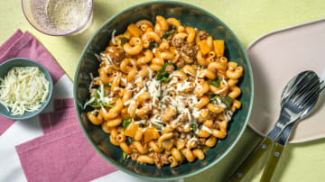 One-Pot Southwest Beef and Cavatappi with Monterey Jack and Baby Spinach