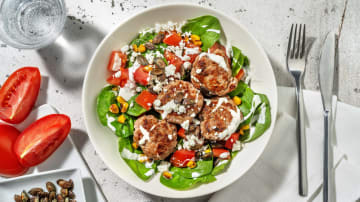 Smart Mexican-Inspired Chicken Patties with Tomato, Charred Corn and Spinach Salad