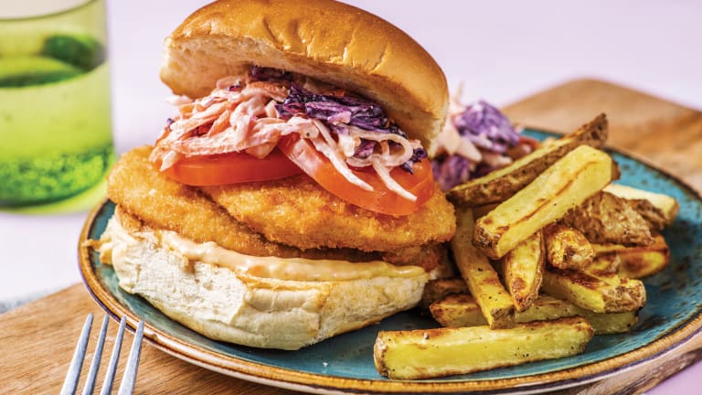 Crumbed Chicken Burger with Sweet Potato Fries & Sweet Chilli Aioli