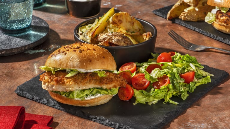 Fried Chicken Burger and Cheesy Wedges