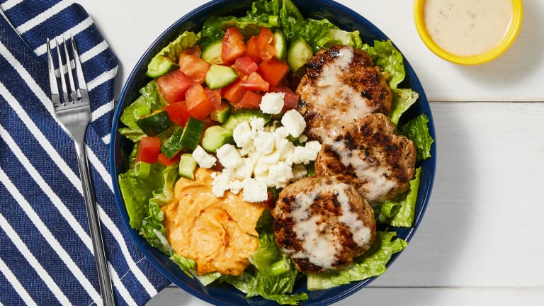 Greek Salad With Spiced Pork Patties