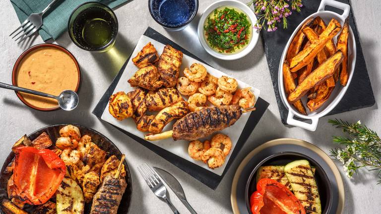 Thai-Grillplatte mit Garnelen & Kokoshähnchen