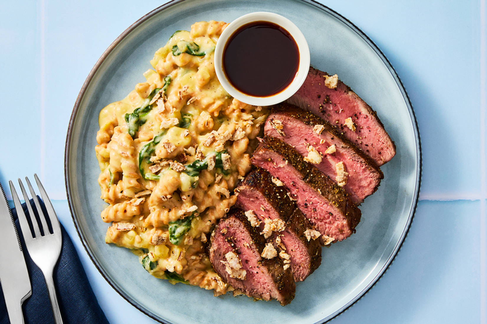 Seared Steaks with Creamy Cheddar Mac and Cheese