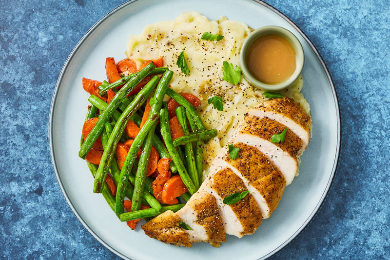 Chicken with Buttery Mash, Sauteed Veggies and Maple Gravy