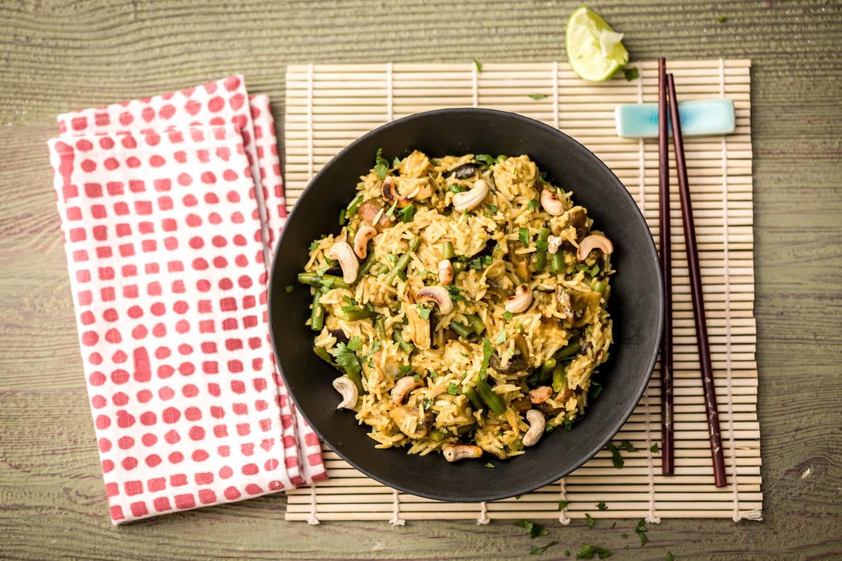 Thai Massaman Rice, Roasted Aubergine and Mushrooms