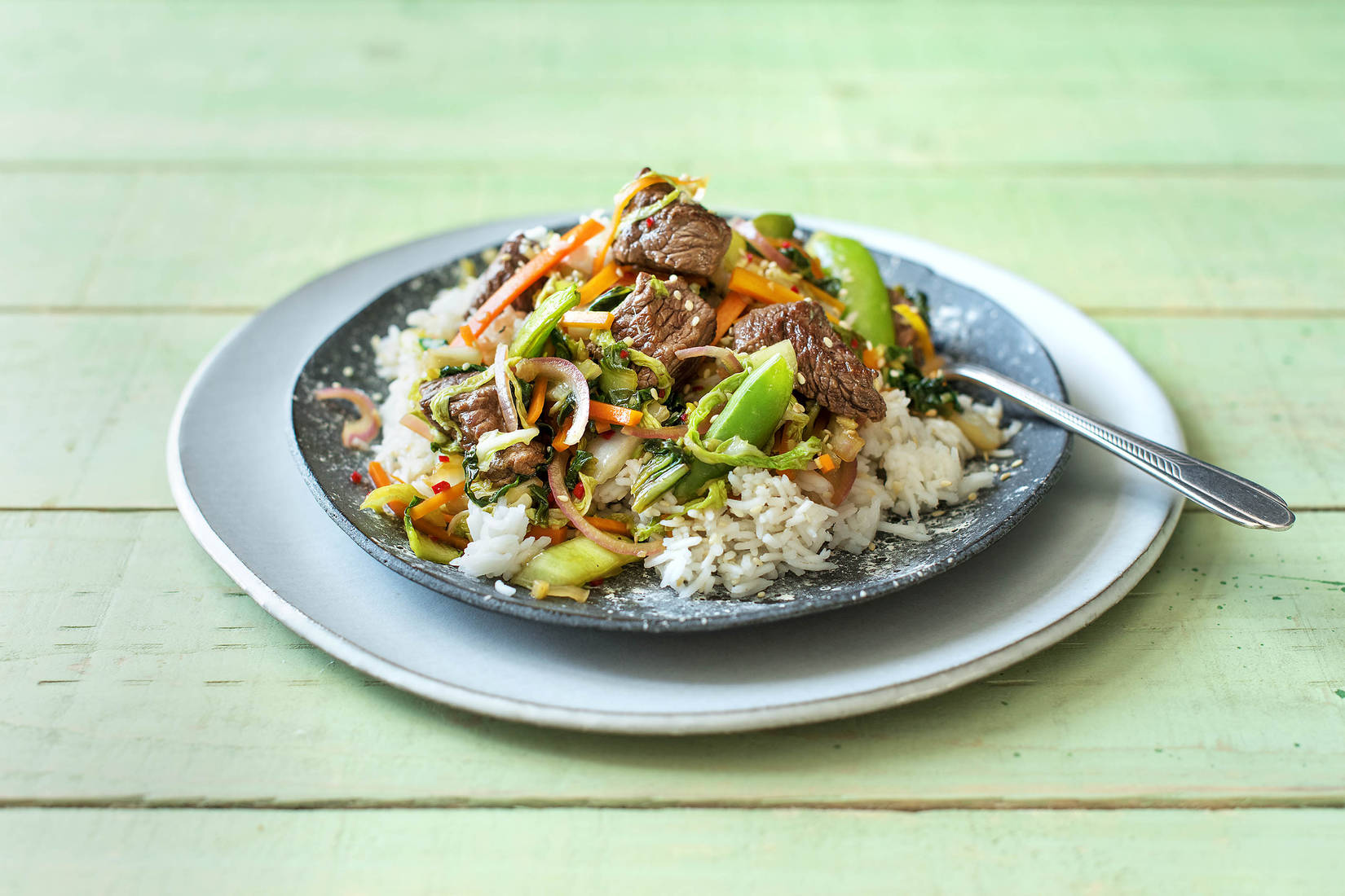 Bœuf sauté au wok et riz basmati au sésame