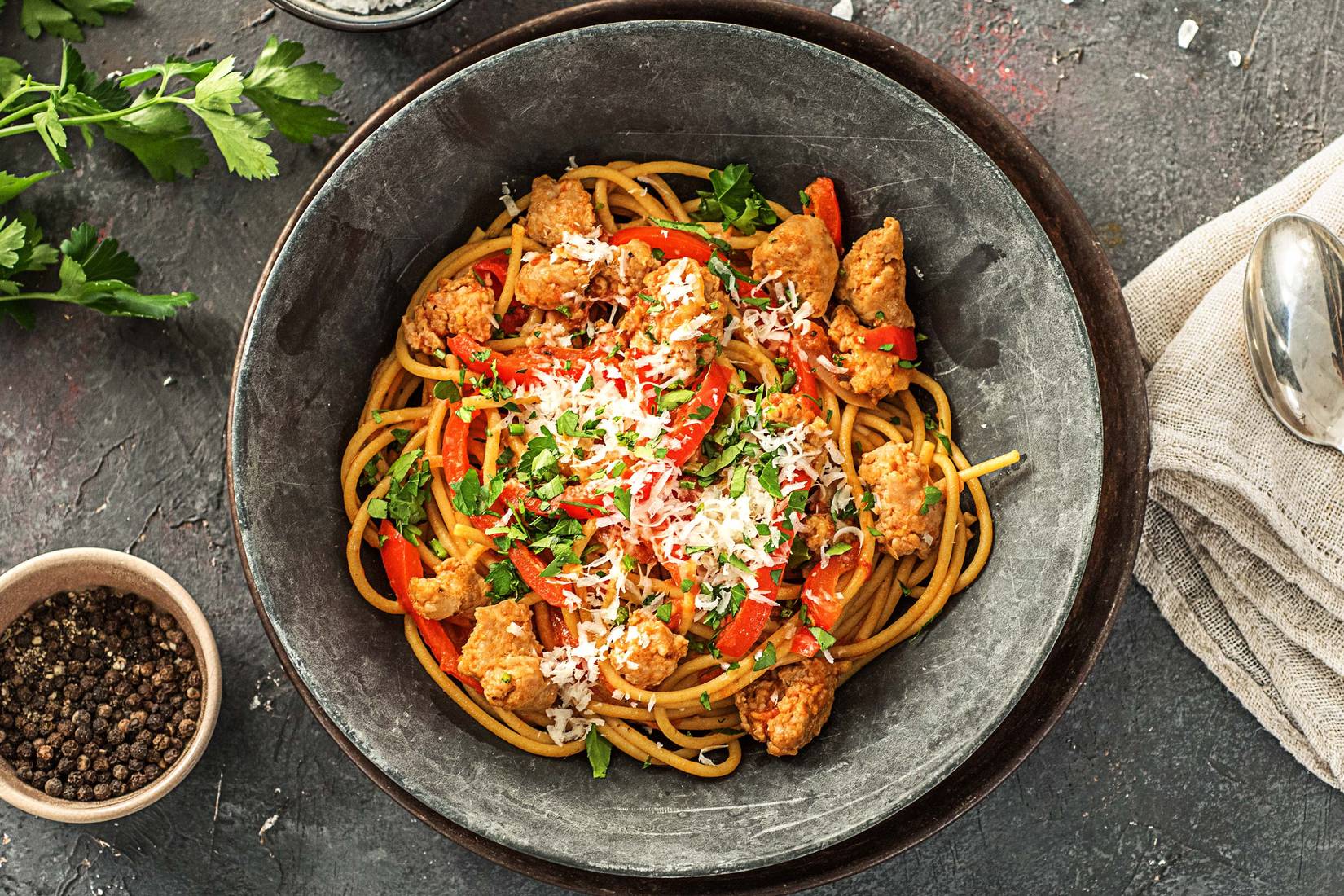Tuscan Sausage and Pepper Spaghetti