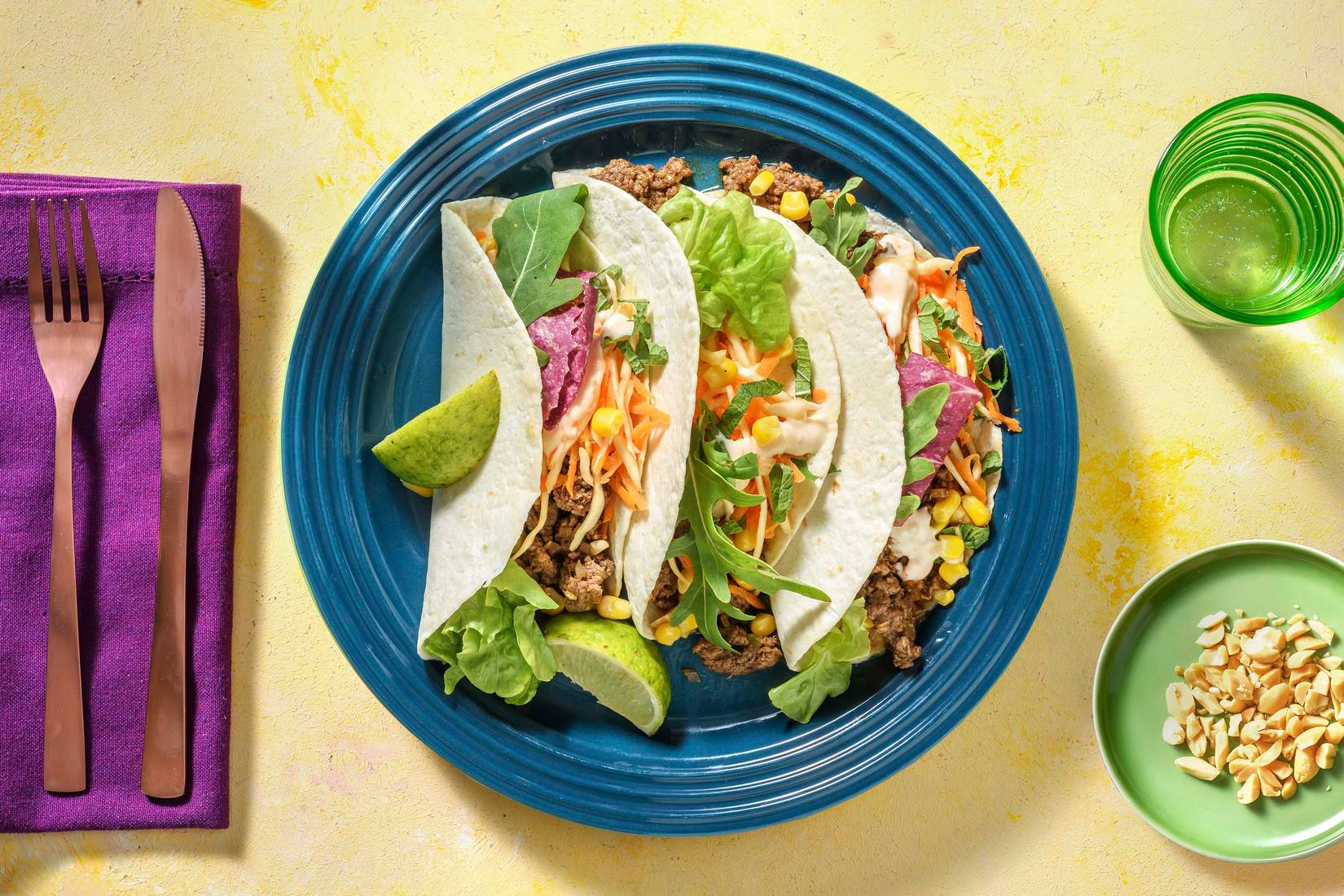 Tortilla's met gehakt in Aziatische gember-limoenmarinade