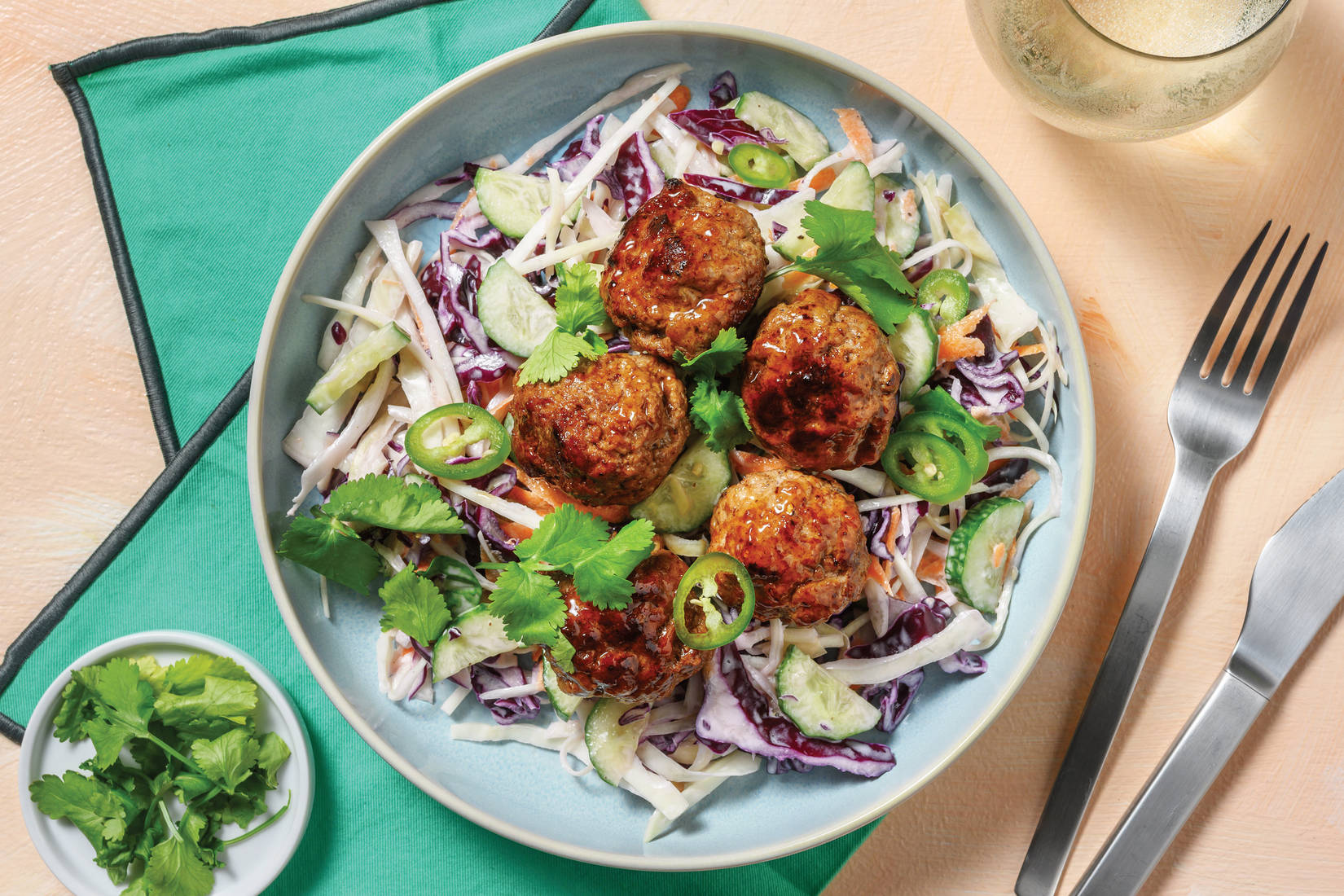 Teriyaki-Ginger Beef Meatballs & Asian Slaw