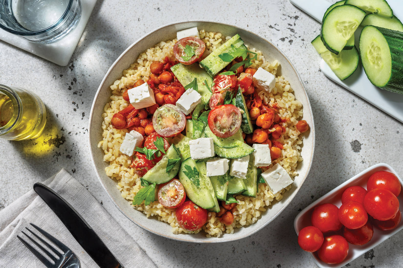 Chicken & Chickpea Bulgur Greek Salad Bowl