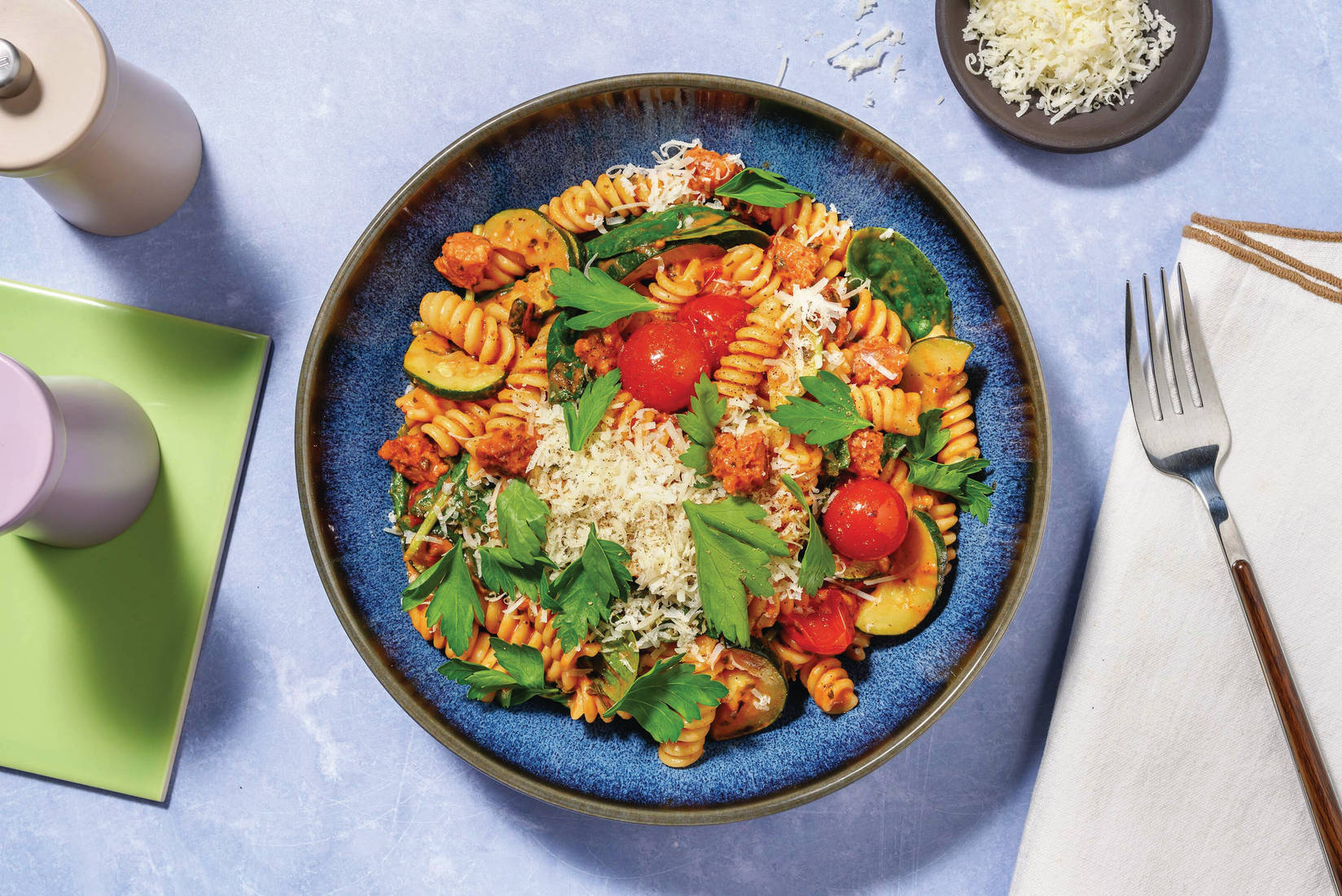 Creamy Cherry Tomato, Beef & Chorizo Fusilli