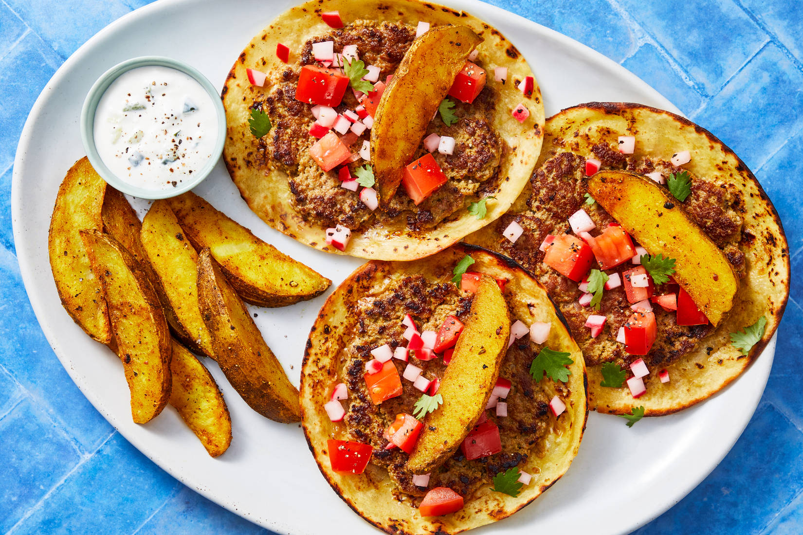 Smashed Greek Gyro Tacos with Tzatziki