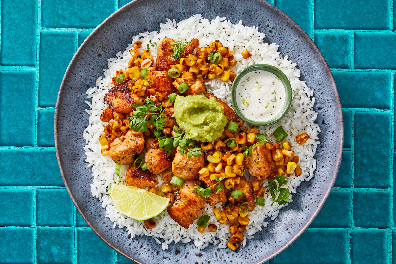 Zesty Chicken, Charred Corn & Rice Bowls