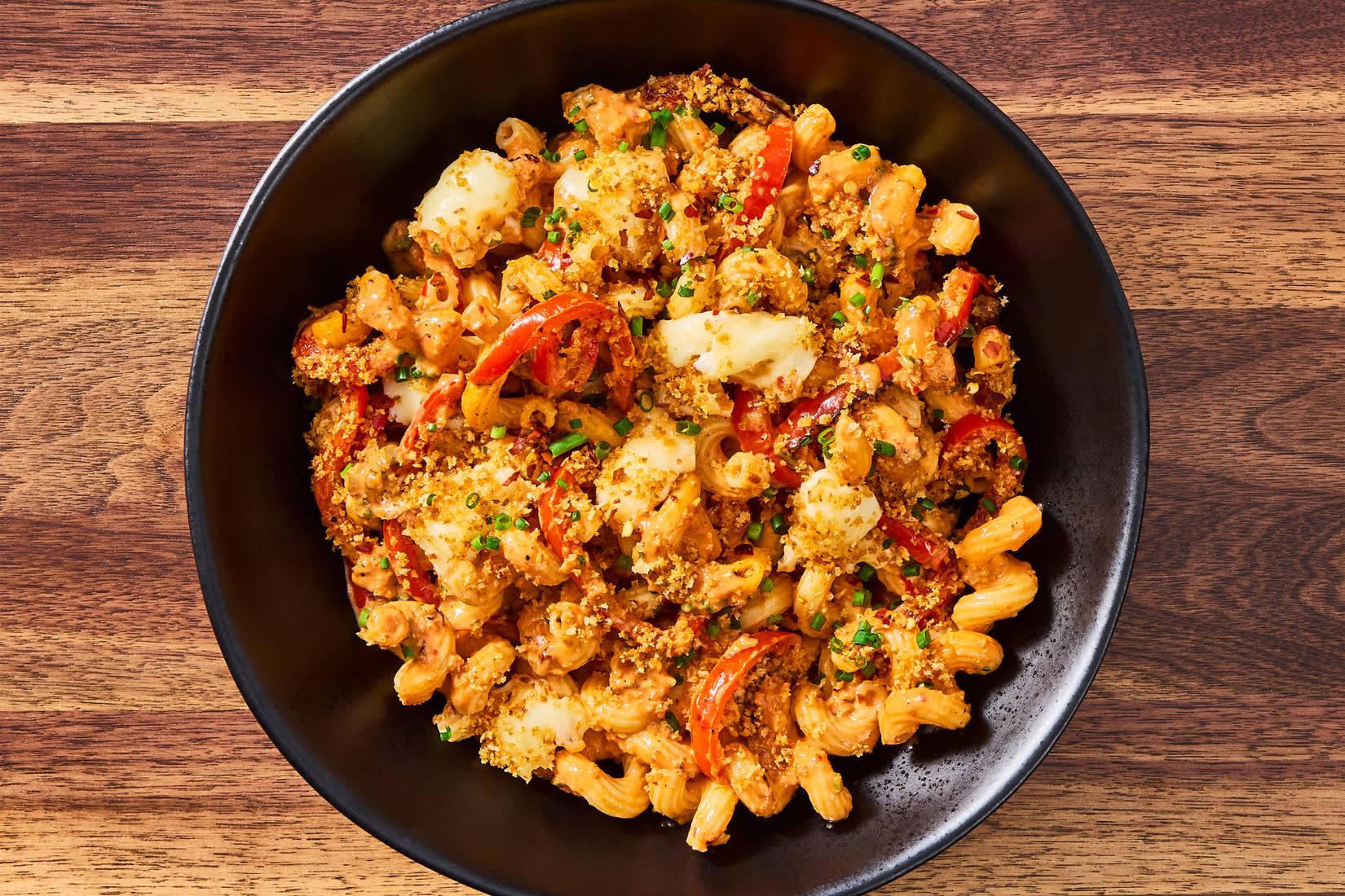 Shrimp, Pepper & Mozz Cavatappi Bake