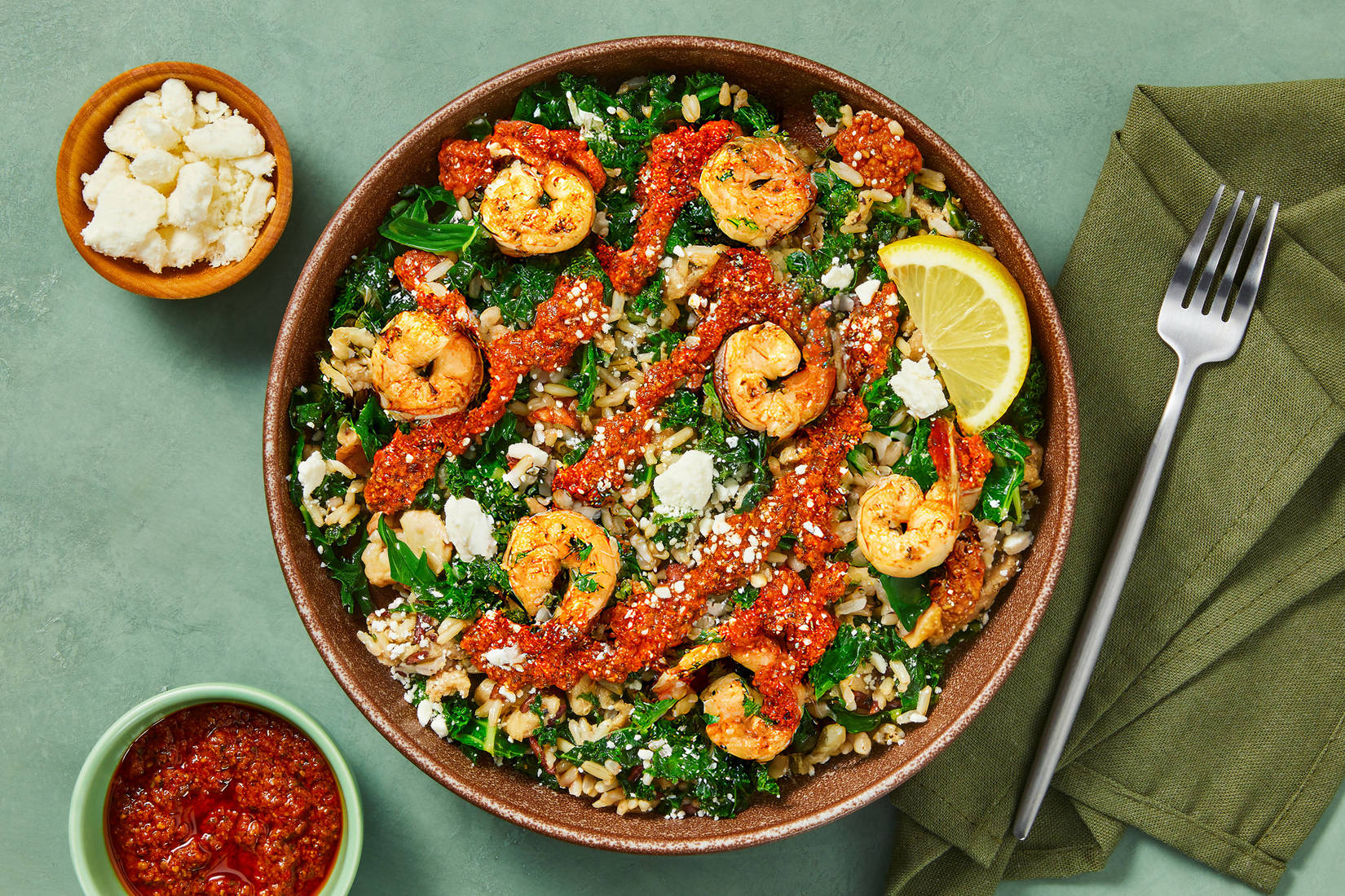 Romesco Shrimp, Kale & Feta Grain Bowls