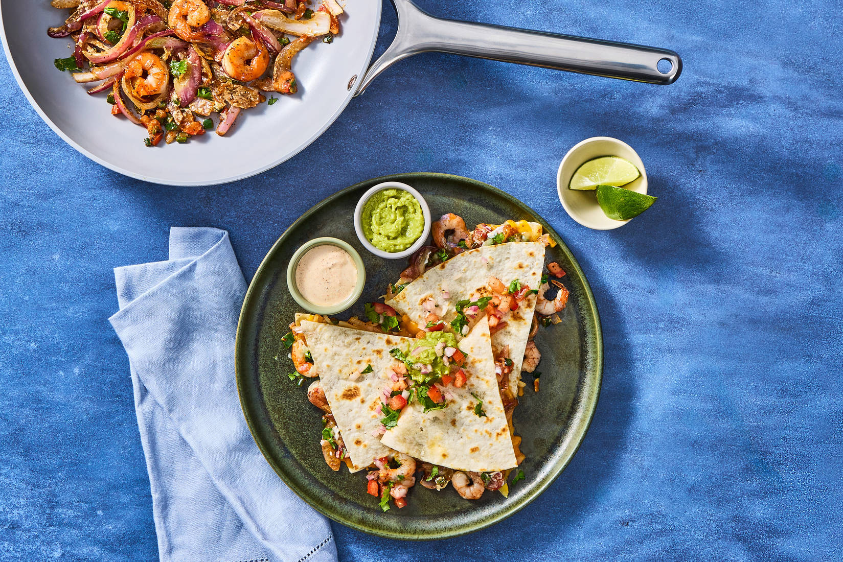 One-Pan Shrimp & Rajas Quesadillas