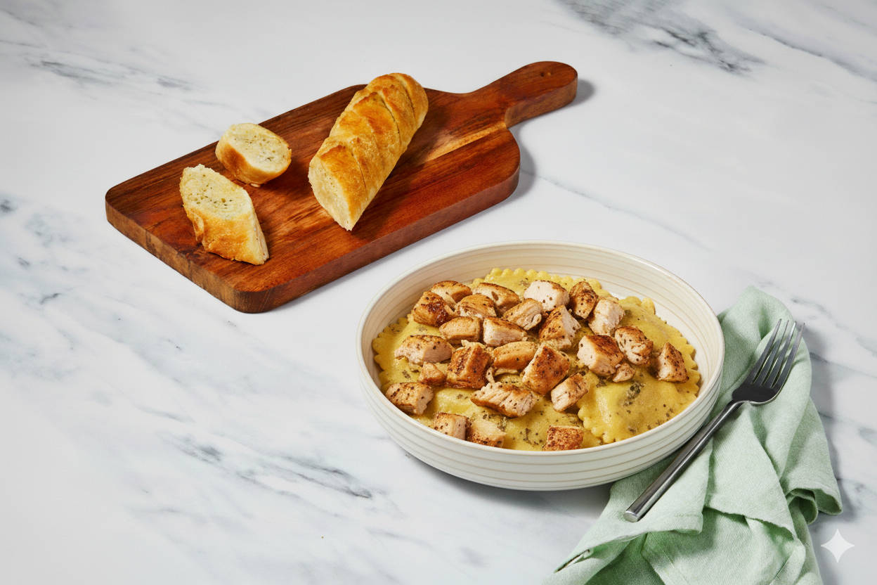 Super-Quick Chicken Agnolotti & Garlic Bread