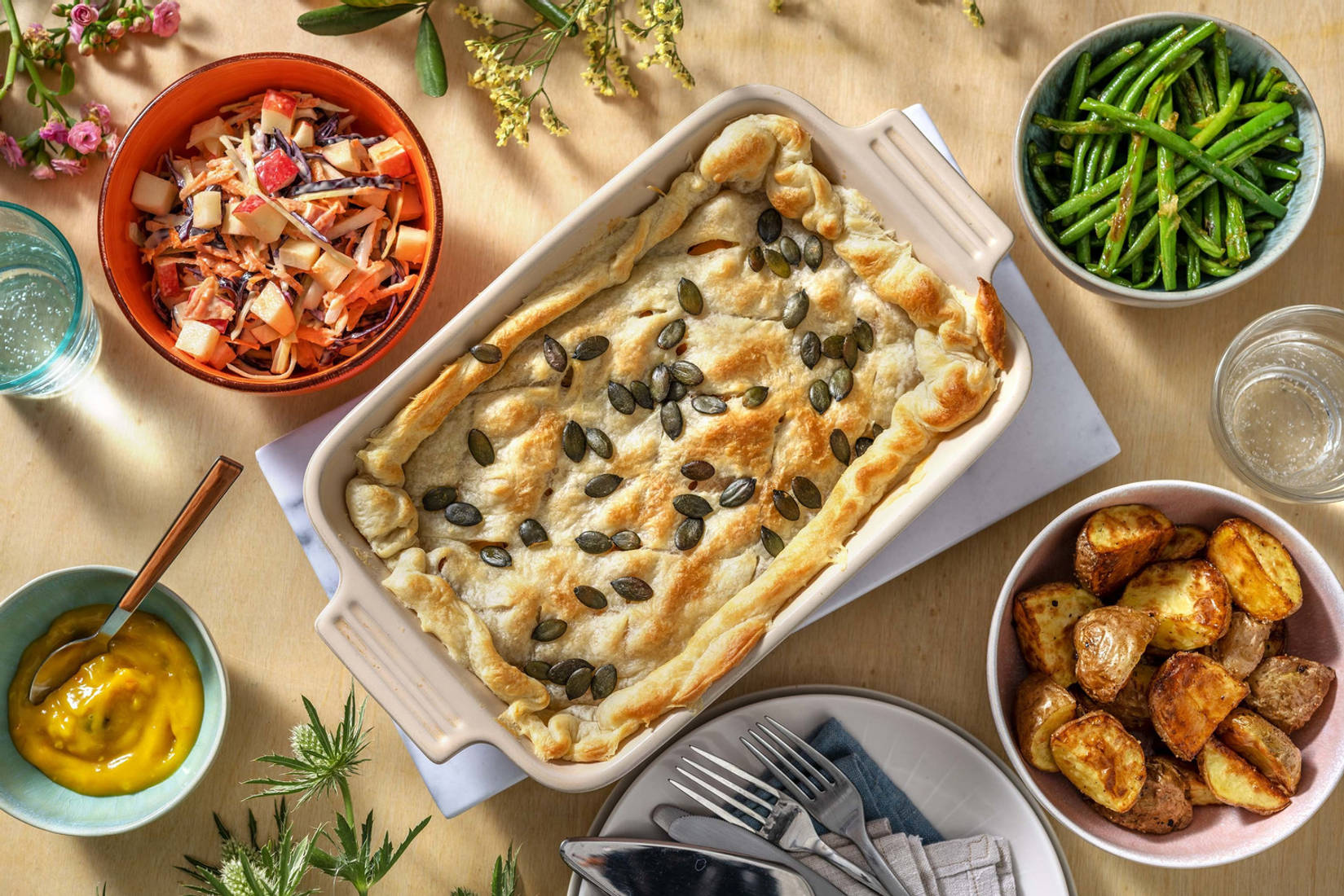 Tourte au porc effiloché & pommes de terre rôties