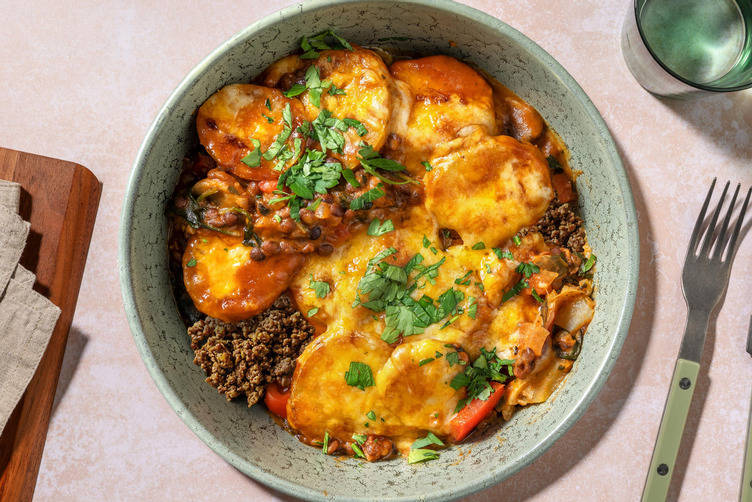 Linsenauflauf mit extra Bio-Rinderhack & Käse-Kartoffel-Haube