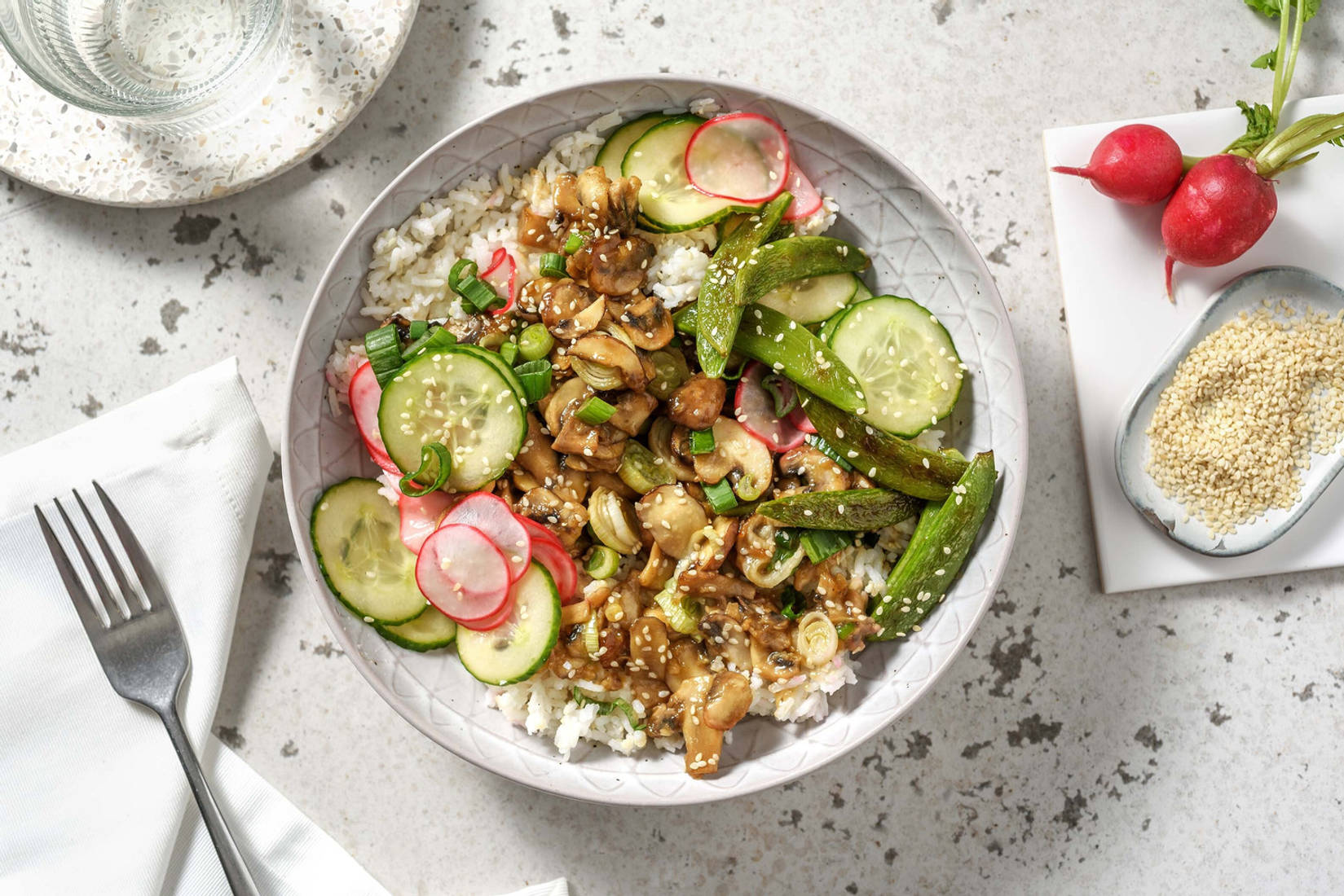 Double veggie - Ricebowl aux champignons laqués