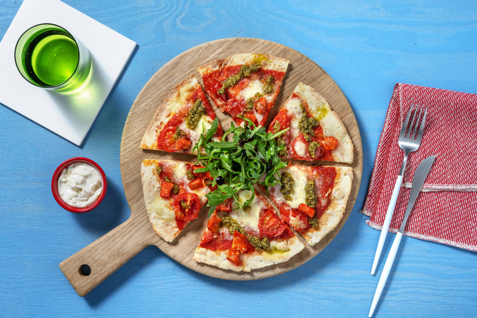 Classic Chorizo, Cheese, Tomato and Pesto Pizza