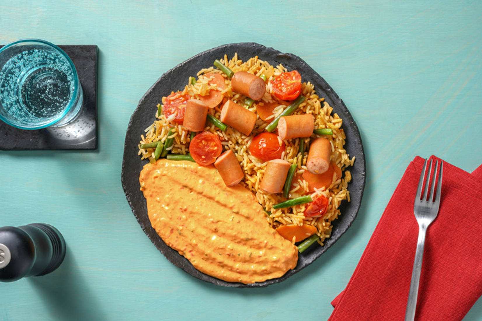 Bunte Reispfanne mit Wiener Würstchen