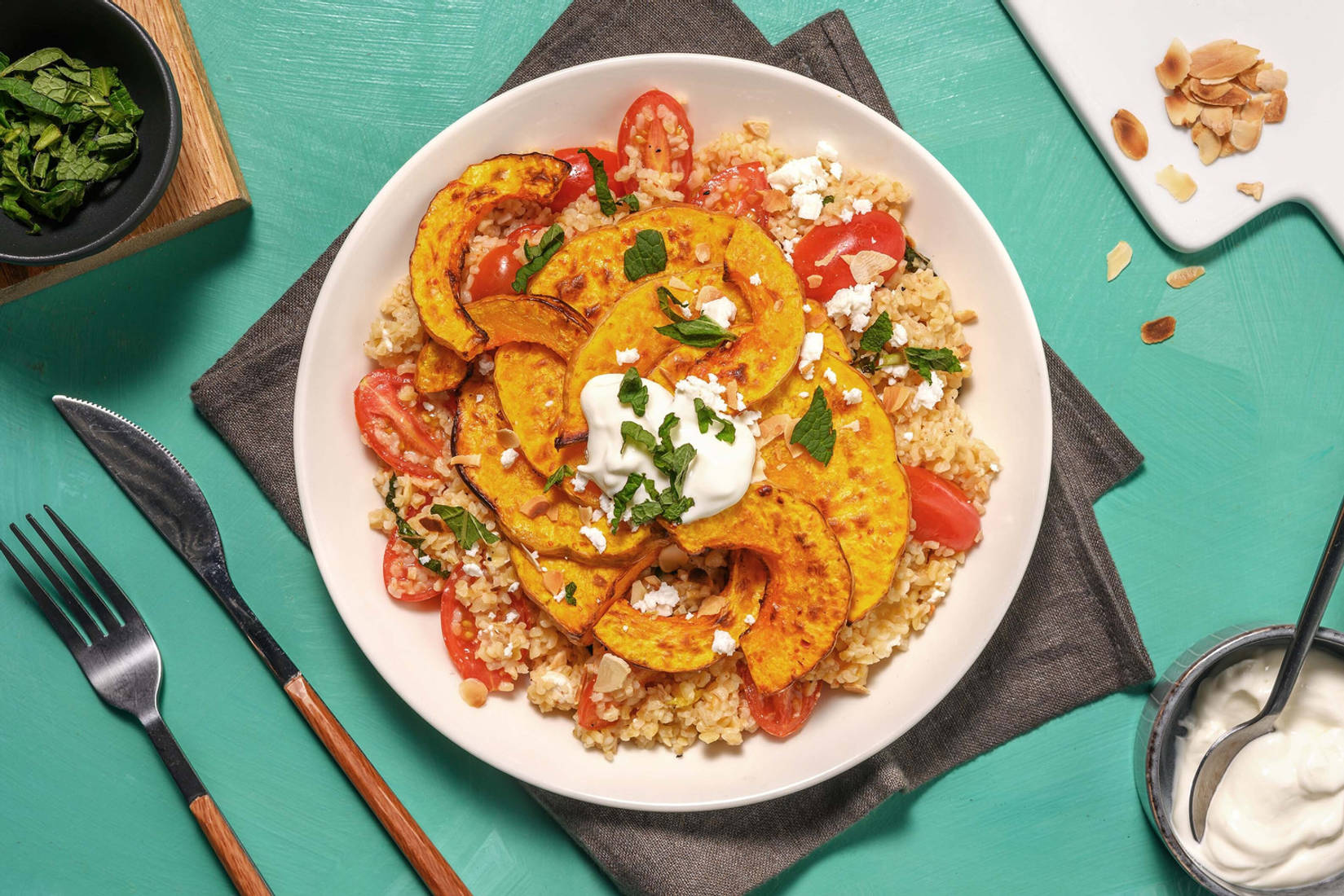 Harissa Roasted Butternut on Herbed Tabbouleh
