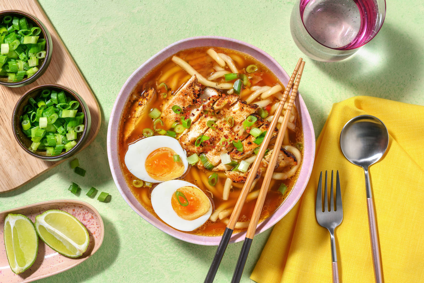Sopa asiática de pollo con fideos udon