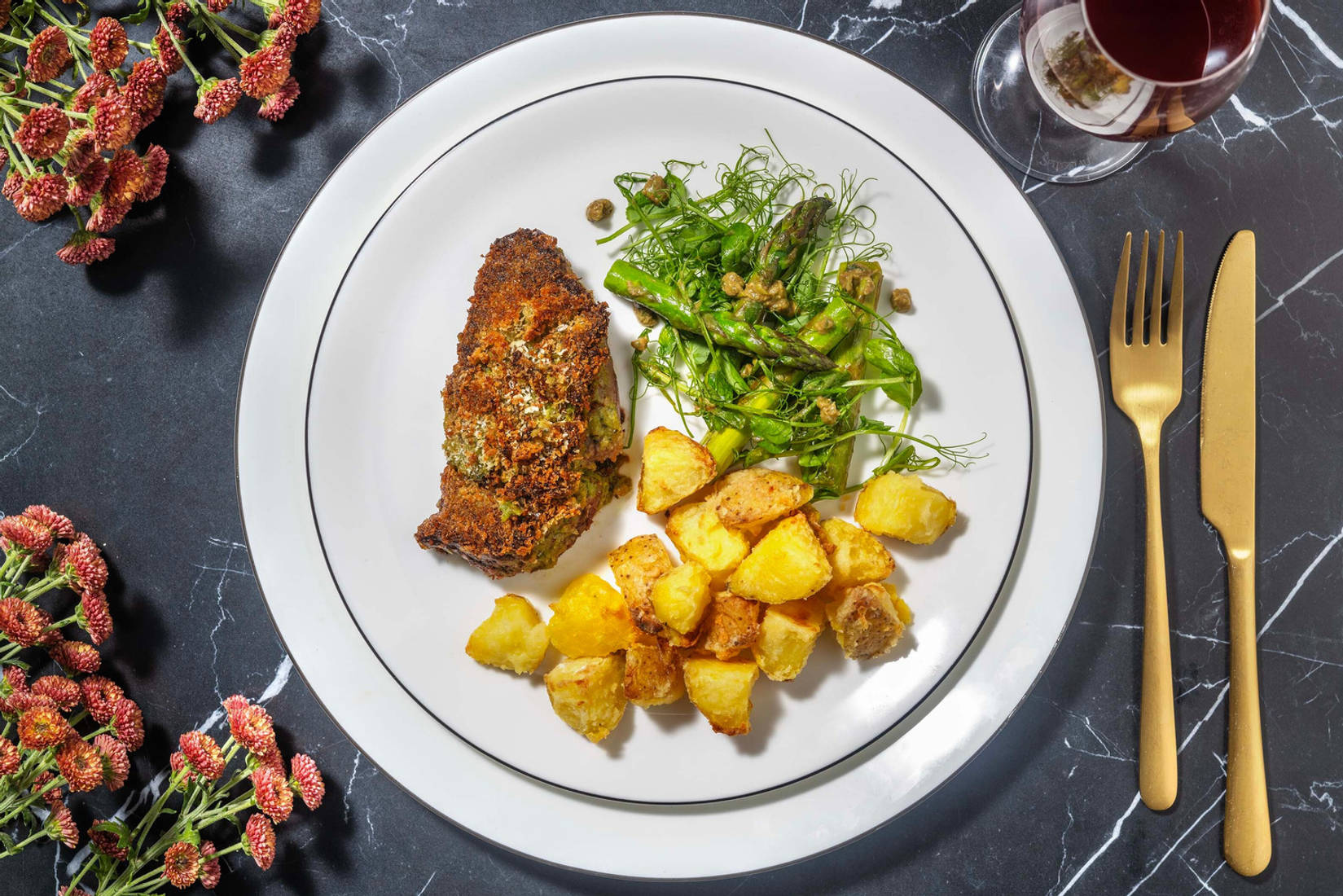 Pesto Crusted Lamb Steak and Roast Potatoes
